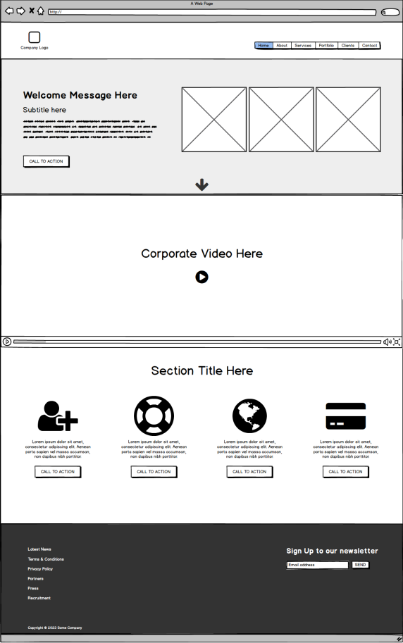 Example of a website wireframe designed by Gooii